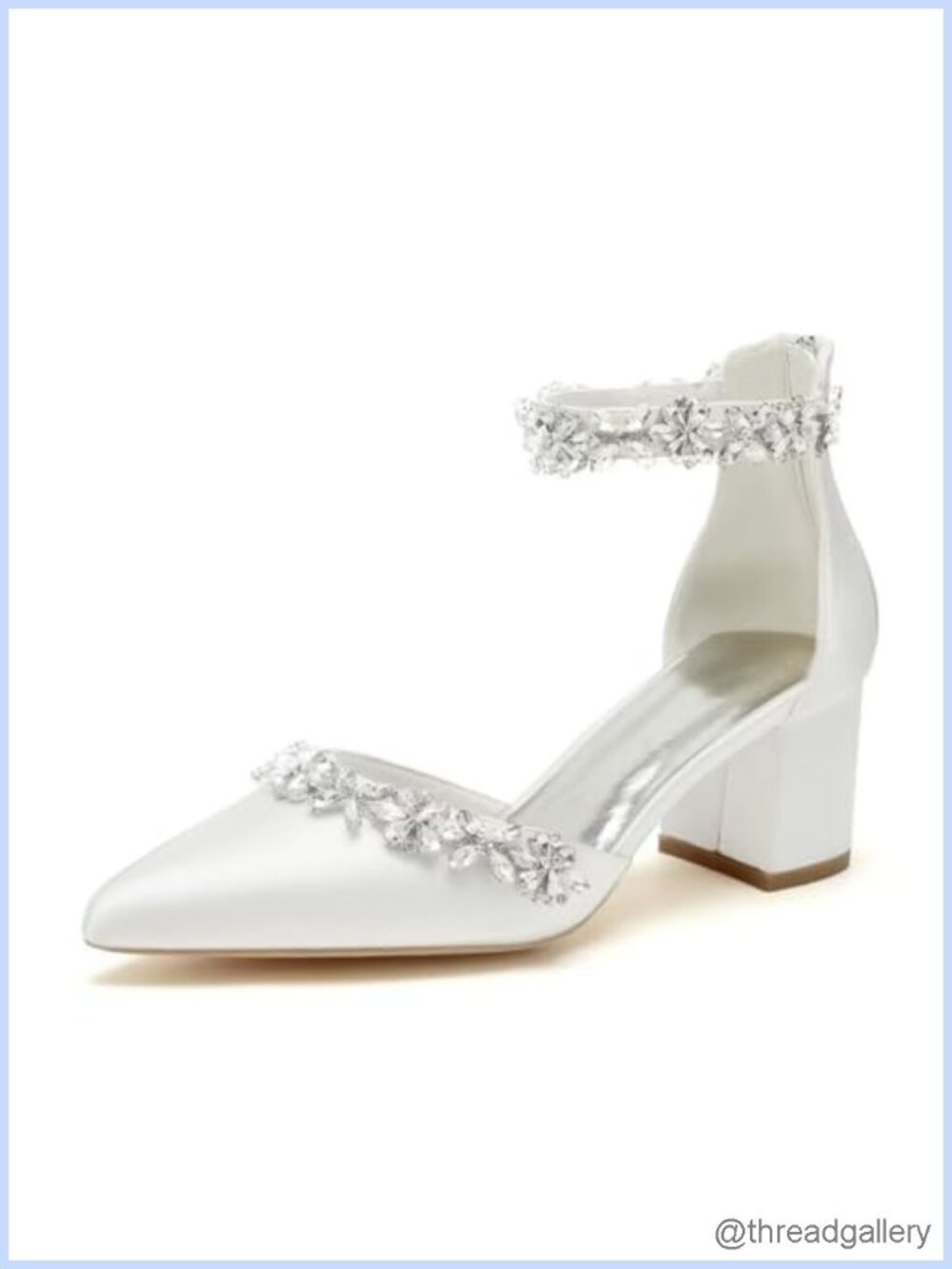 Satin Rhinestone Block Heel Bridal Pumps Pointed Toe Zipper Wedding Shoes